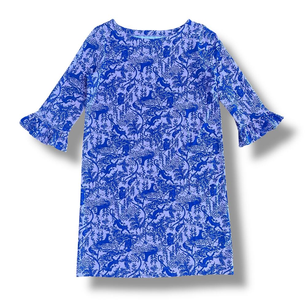 Lilly Pulitzer Girls XL 12-14 Shift Dress‎ Pink Blue Animal Print Bell Sleeve